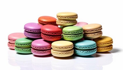 Fototapeta premium A variety of colorful macarons arranged against a white backdrop. Generated with AI.