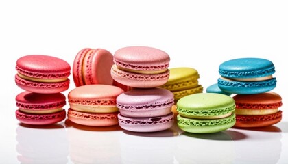 Fototapeta premium A variety of colorful macarons arranged against a white backdrop. Generated with AI.