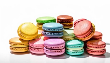 Fototapeta premium A variety of colorful macarons arranged against a white backdrop. Generated with AI.