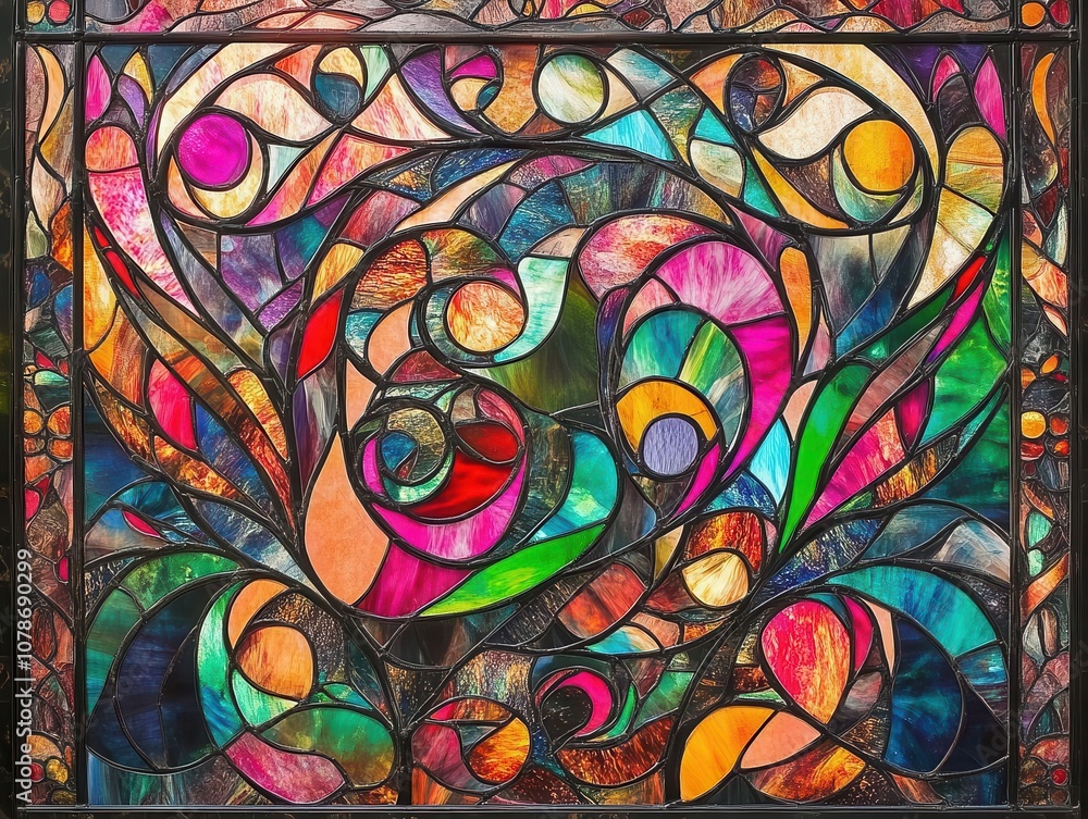 Poster intricate art nouveau-style stained glass window with vivid colors and abstract patterns, a masterpi