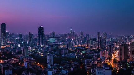 Fototapeta premium A panoramic view of a city skyline at twilight, with tall buildings and a purple sky.
