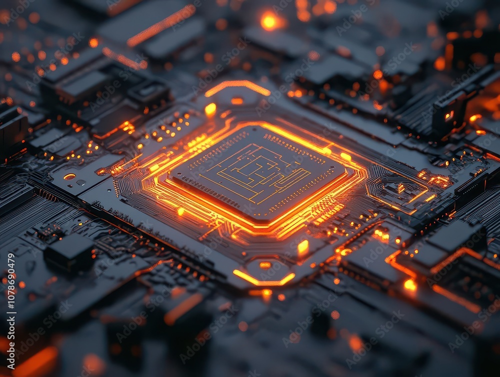 Poster intricate close-up of a high-tech ai chip embedded in a circuit board, showcasing fine details, meta