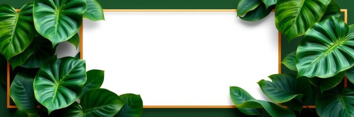 Green monstera plant leaves border with rectangular botanical frame, contemporary design, copy space, leaves, plant