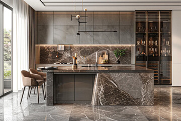 Modern luxurious gray open kitchen with dark brown bar stools, marble countertop, and built in juice rack. Large windows.