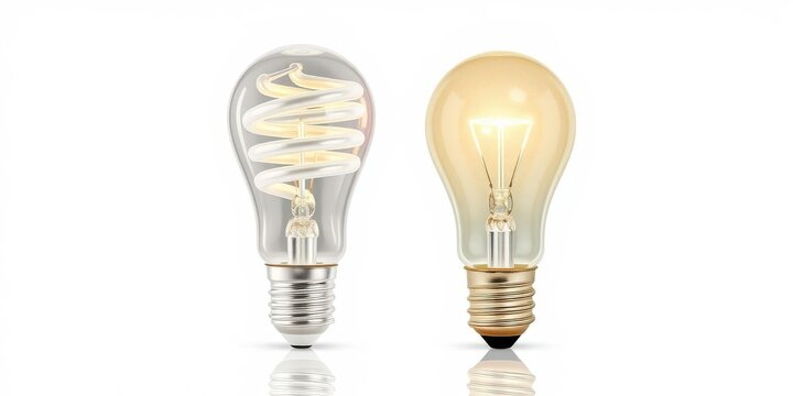 A close-up shot of a regular incandescent lightbulb next to a energy-saving LED lightbulb, both casting reflections on a white surface, contrast, sustainability, efficient