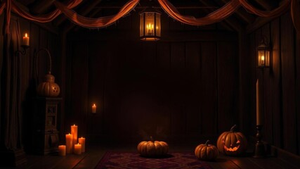 Obraz premium Halloween pumpkin lanterns casting a warm glow in a medieval room with copy space, spooky, pumpkin