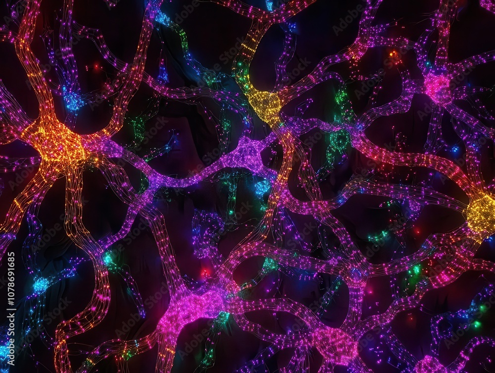 Poster intricate neuron network with vibrant color lights illustrating brain activity, highlighting scienti