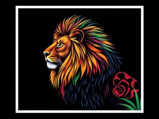 Artistic lion with vibrant colors and intricate patterns against a dark black background, zoo, vibrant, majestic