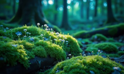 Serene mossy forest landscape with flowers