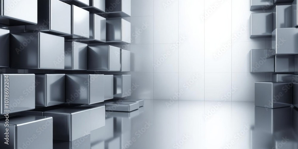 Poster innovative tech background with precisely arranged glossy cubes in shades of grey 3d render, composi