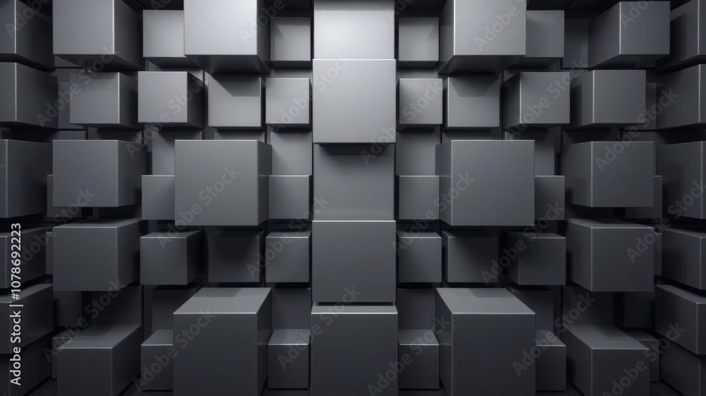 Poster innovative tech background with white and grey multisized cubes arranged in precise 3d render, patte