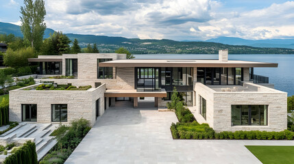 Fototapeta premium Modern Lake Austin waterfront estate with infinity pool and boat dock, contemporary Texas hill country retreat