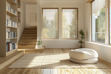 A light colored open study room with wooden floors, stairs, bookshelves, large windows, and a light beige beanbag chair.