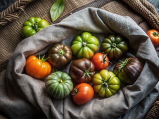 Assorted heirloom tomatoes in various colors and shapes , including green varieties, on a gray cloth background