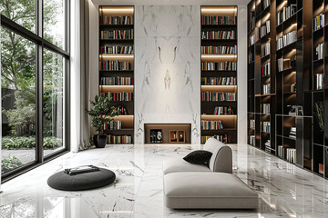 Large black study room with marble floors, bookshelves, and light colored couches. Lots of windows with a view.