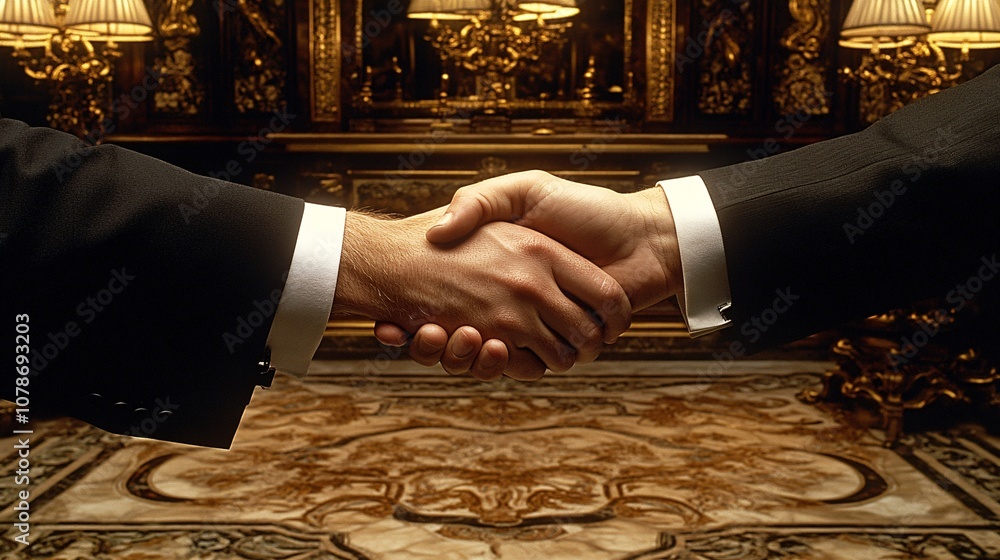 Poster Customer and service agent shaking hands across a desk, with a warm and welcoming atmosphere, symbolizing trust and reliability with side empty space for text Stockphoto style