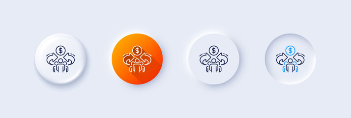 Sharing economy line icon. Neumorphic, Orange gradient, 3d pin buttons. Business group sign. Share symbol. Line icons. Neumorphic buttons with outline signs. Vector