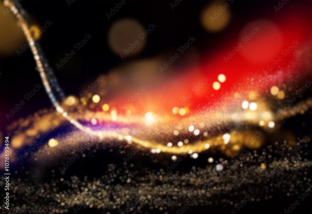 Poster golden glitter and bokeh lights illuminate a dark background, creating a shimmering and festive atmo