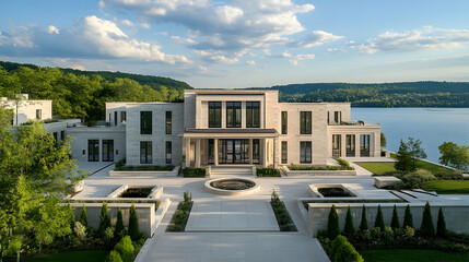 Fototapeta premium Modern Lake Austin waterfront estate with infinity pool and boat dock, contemporary Texas hill country retreat