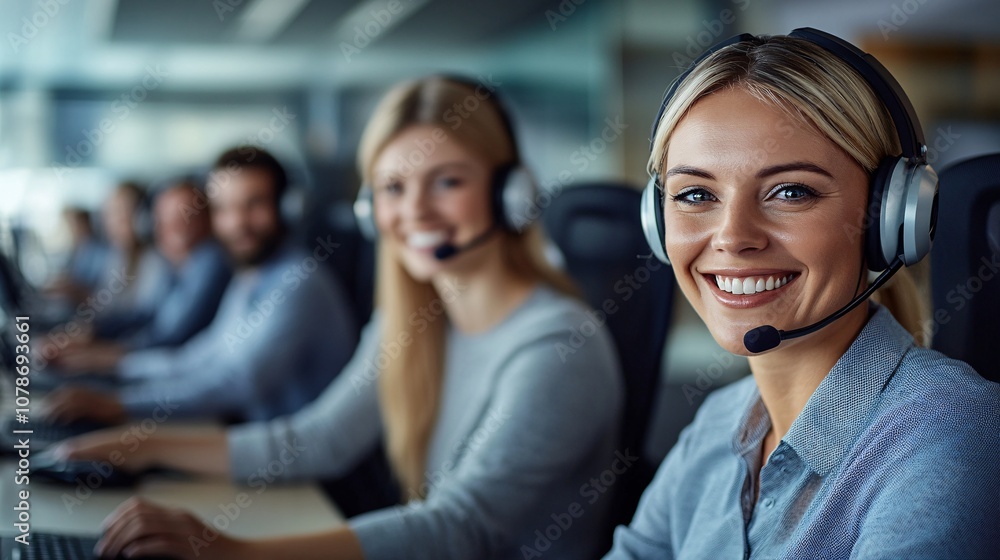 Poster group of customer service staff smiling together in an open-plan office, showcasing a friendly and s