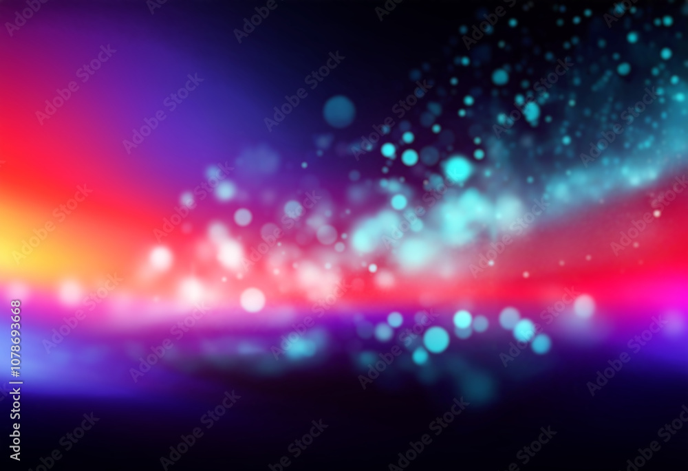 Poster abstract background with an array of blurry, teal-colored orbs against a black background.