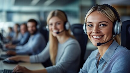 Group of customer service staff smiling together in an open-plan office, showcasing a friendly and supportive team environment with side empty space for text Stockphoto style