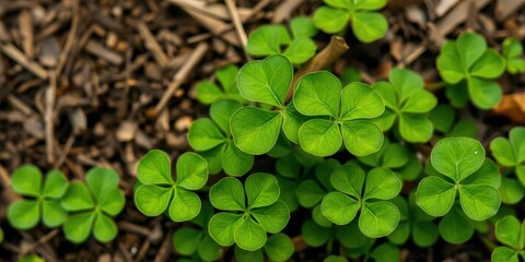 Four-leaf clover with vibrant green leaves in a natural setting, rare, superstition, organic