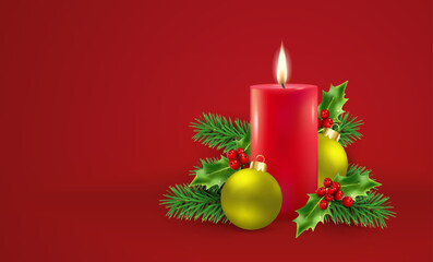 Vector illustration of Christmas and New Years. Christmas composition with candle, branches of a christmas tree, holly, christmas ornament.
