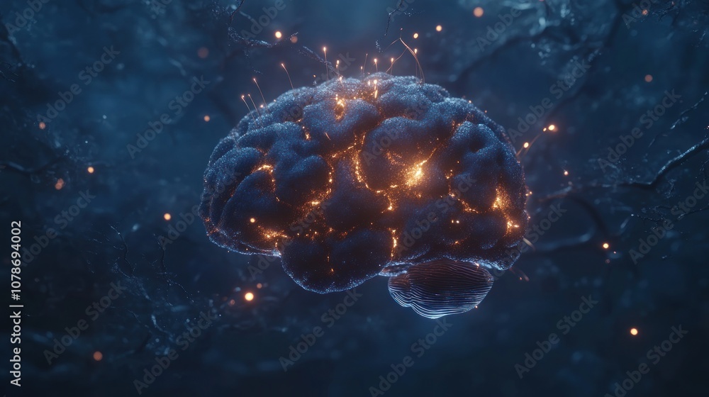 Poster a glowing, abstract representation of a brain with neural connections in a dark environment.