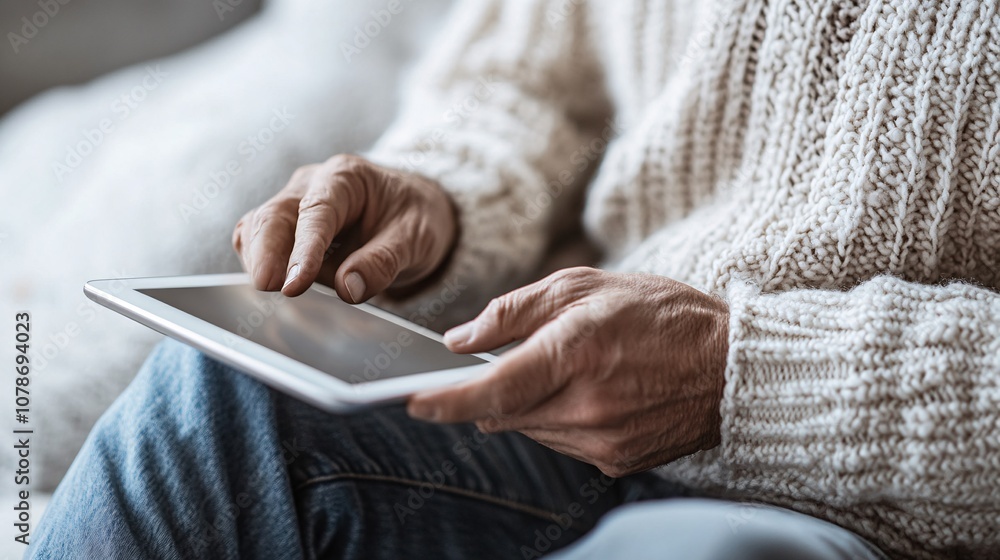 Poster Employee using a tablet to solve a customer issue in a comfortable lounge setting, representing accessible and friendly customer support with side empty space for text Stockphoto style