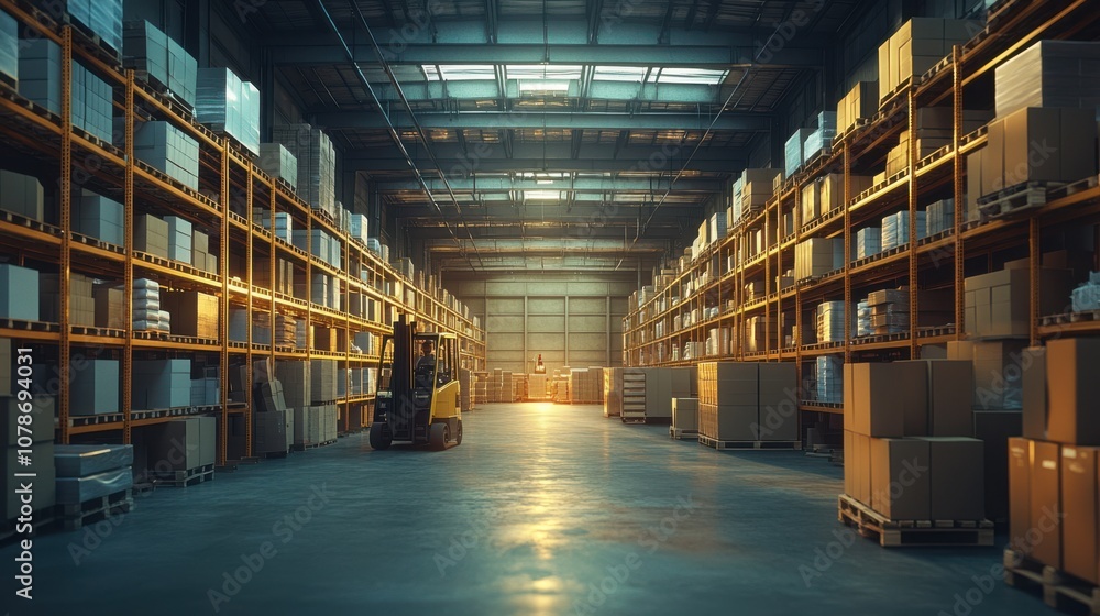 Poster a spacious warehouse filled with neatly stacked boxes and shelves, illuminated by sunlight filtering