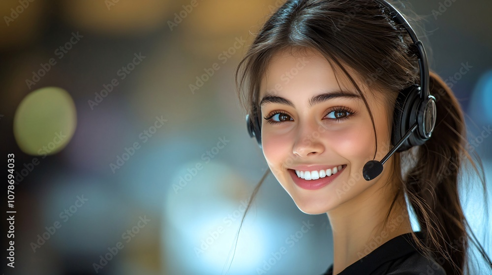 Aufkleber Customer support agent on a call with a client, displaying attentiveness and reliability in a professional call center with side empty space for text Stockphoto style