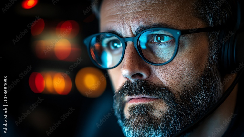 Poster Customer support agent on a call with a client, displaying attentiveness and reliability in a professional call center with side empty space for text Stockphoto style