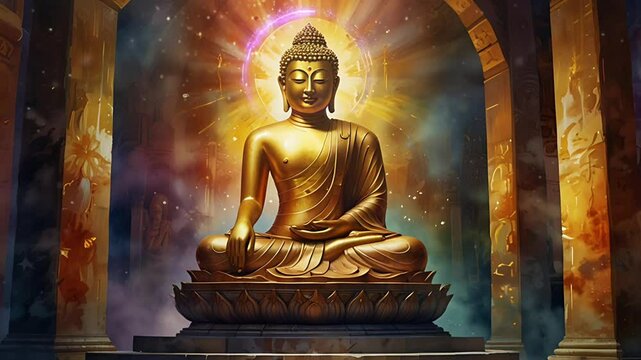 A golden buddha statue inside the temple. Seamless 4K looping timelapse video animation background