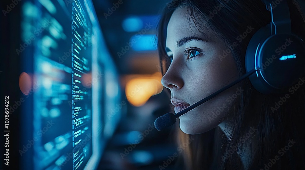 Poster Support team in a call center, each agent focused on a task, showing a highly productive and professional environment with side empty space for text Stockphoto style