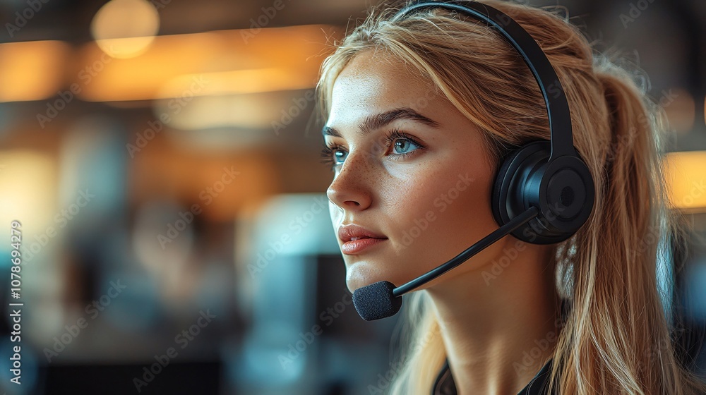 Poster Support team in a call center, each agent focused on a task, showing a highly productive and professional environment with side empty space for text Stockphoto style