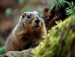 Fototapeta premium A close-up photo of a curious marmot peeking out from its natural habitat, surrounded by foliage. This wildlife image is perfect for nature, wildlife, or animal photography themes