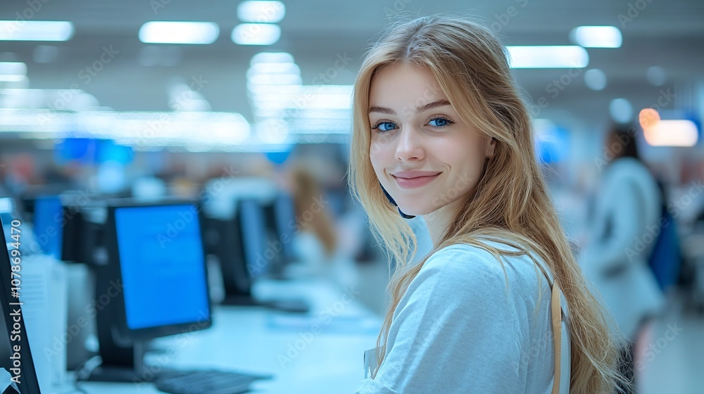 Poster service agent answering a call at a reception desk with a welcoming smile, conveying a warm first im