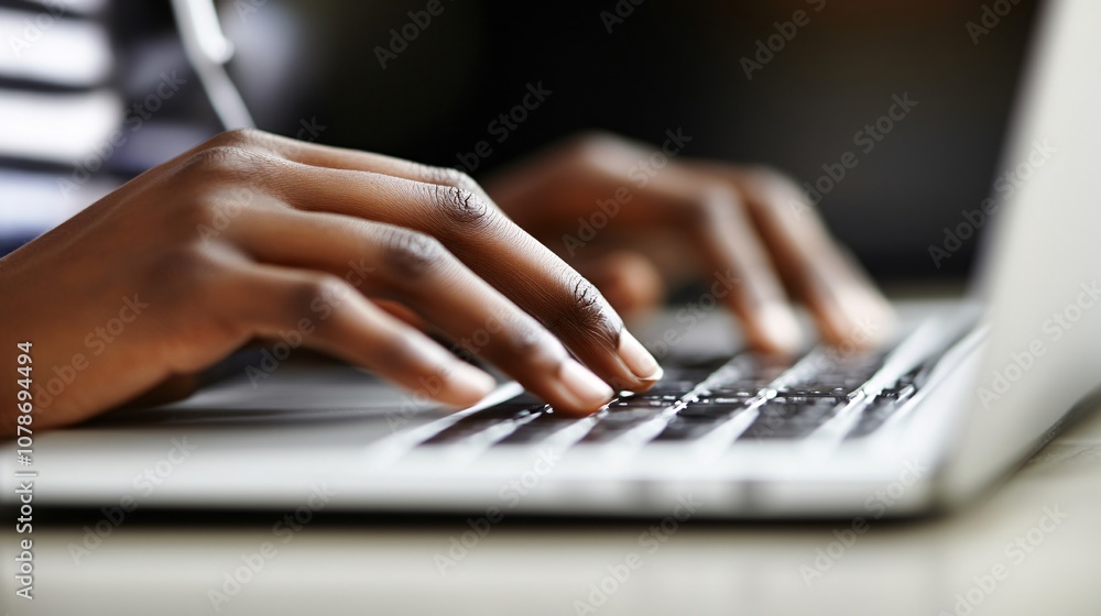 Poster Customer service agent wearing headphones, typing efficiently on a computer in a modern office, suggesting focus and professionalism with side empty space for text Stockphoto style