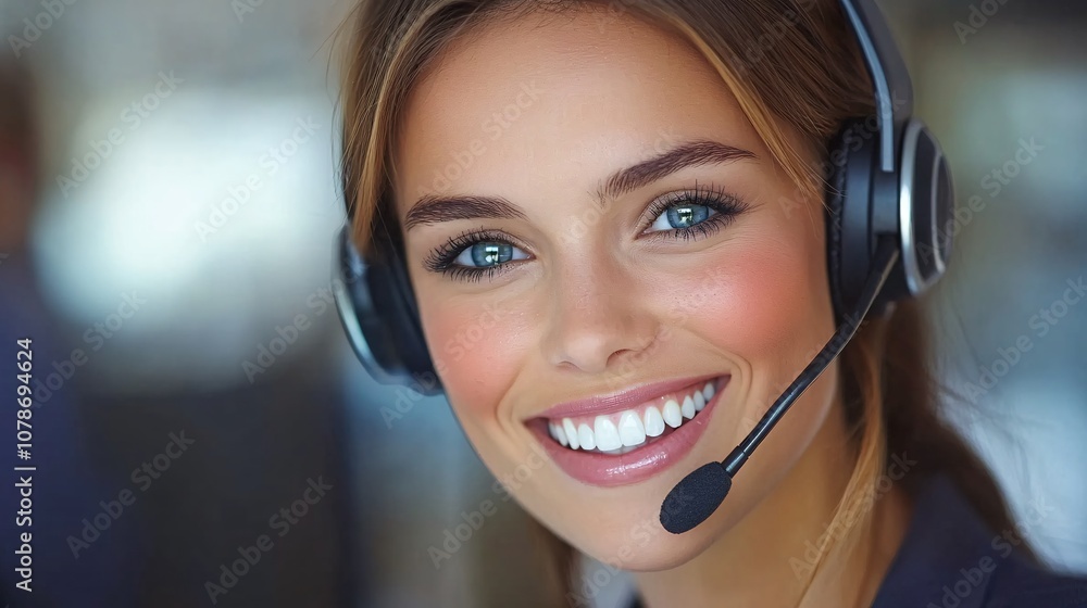 Poster Smiling customer service agent talking on a headset, with helpful resources like a notepad and laptop on the desk, conveying readiness to assist with side empty space for text Stockphoto style