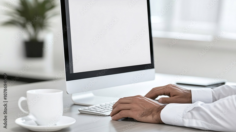 Fototapete Support agent responding to an email on a desktop, with a cup of coffee and organized workspace, capturing efficiency in a friendly setting with side empty space for text Stockphoto style