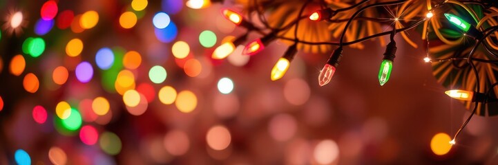 Obraz premium Glowing string of vibrant Christmas lights hanging against a dark background, shiny, illuminated, festive