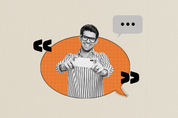 Creative collage picture young man communication speech author quote citation notification textbox...