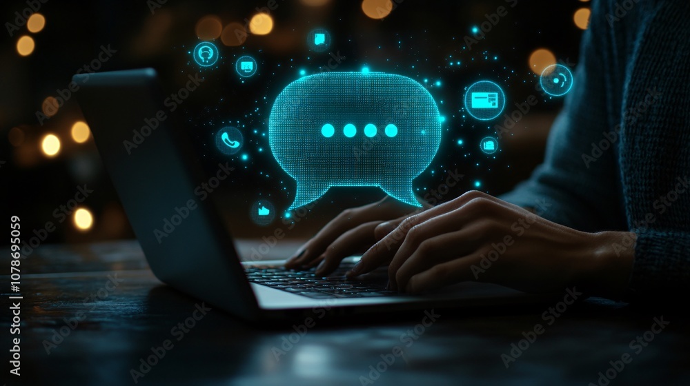 Aufkleber Friendly customer service agent typing a response in an online chat window, displaying modern support methods with side empty space for text Stockphoto style