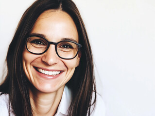  A portrait of a young, happy woman looking directly at the camera, set against a white background, perfect for portrait photography, lifestyle, or personal branding projects