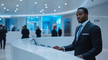 Customer service agent attentively assisting a client at a reception desk, showcasing approachability with side empty space for text Stockphoto style
