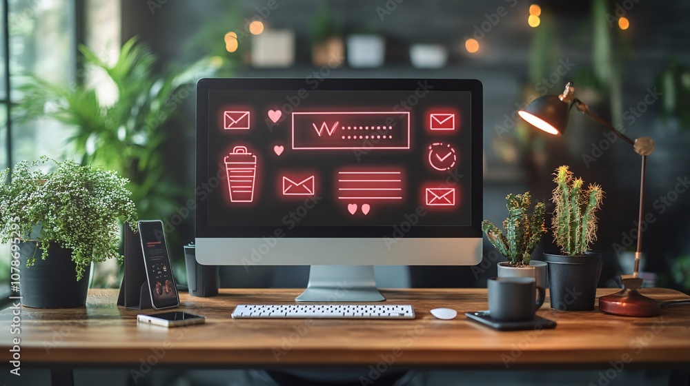 Poster digital support icons on a computer screen, including phone, chat, and email symbols, illustrating c