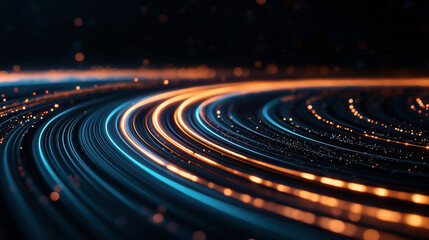 Abstract image depicting glowing orange and blue light trails in a circular pattern on a dark background, representing futuristic technology and motion.