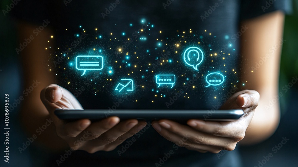 Aufkleber Digital customer support chat screen on a tablet with real-time responses, indicating rapid and easy access to help with side empty space for text Stockphoto style