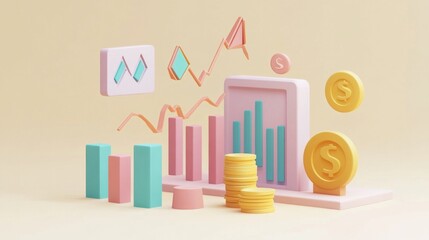 Financial growth icons with 3D charts and graphs, representing investment, success, and profit.